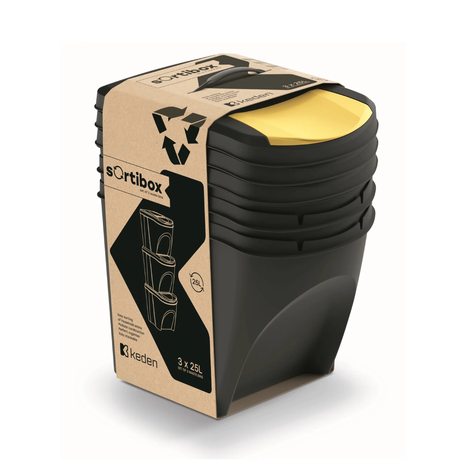 25L SORTIBOX K Waste Separation Bins - Set of 3 - Black - Image 3