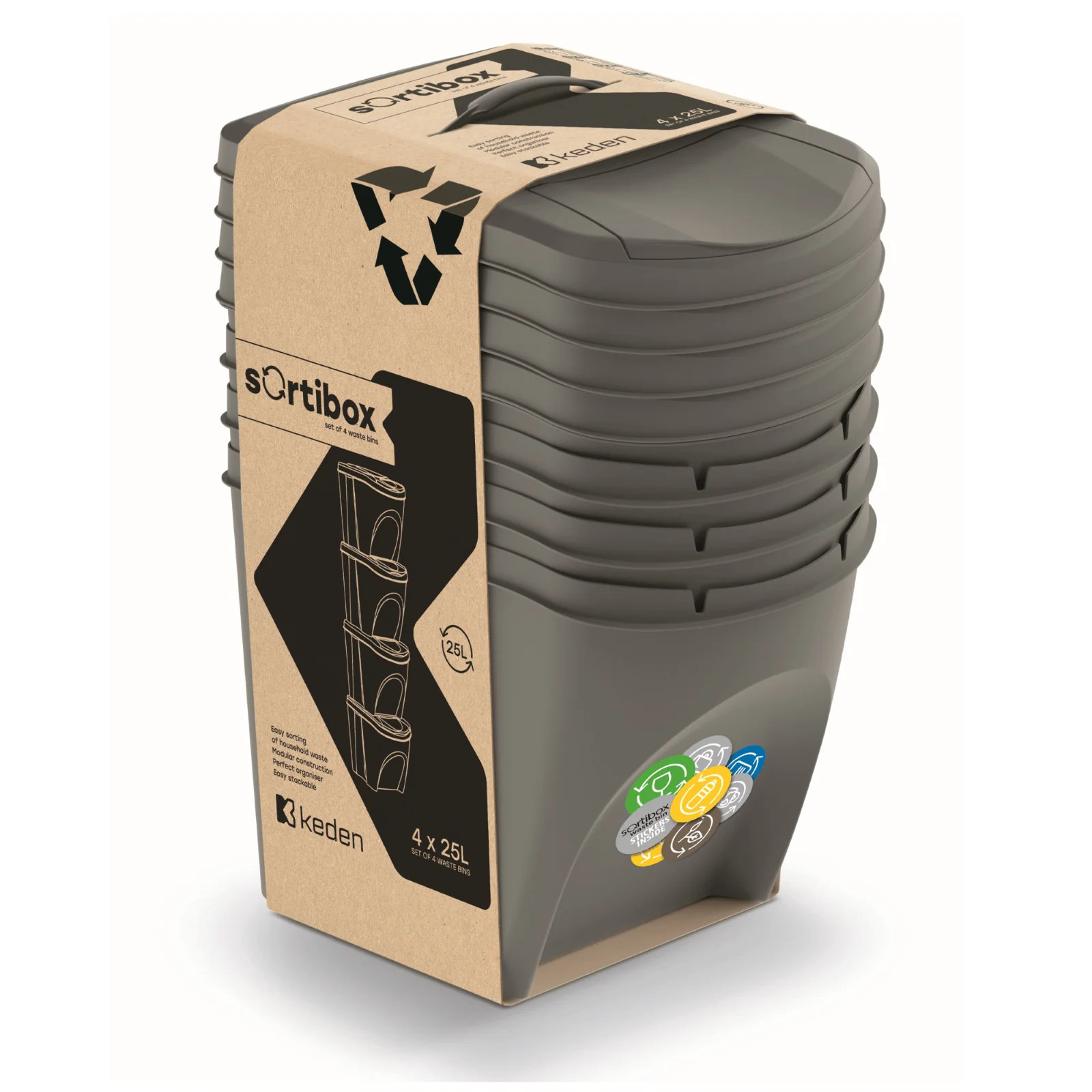 25L SORTIBOX K Waste Separation Bins - Set of 4 - Grey - Image 2
