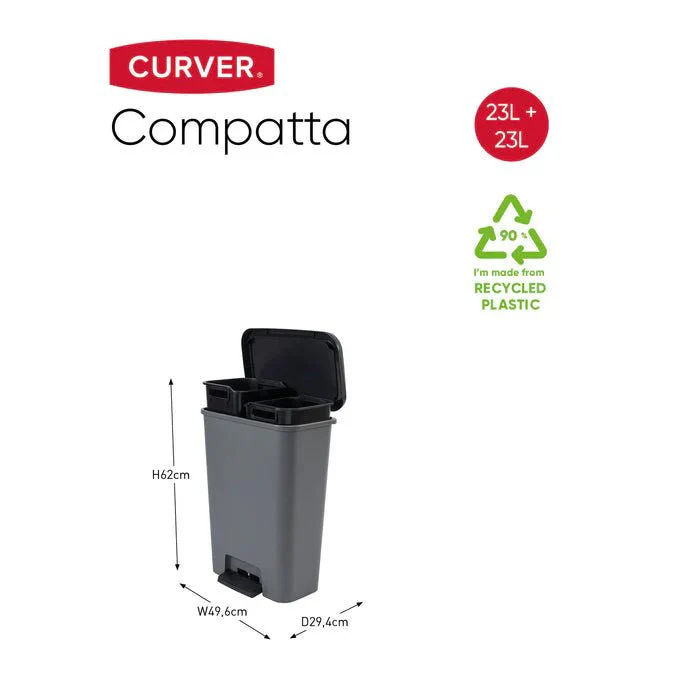 Curver Compatta 50L Duo 23+23L Recycling Bin - Grey - Image 3