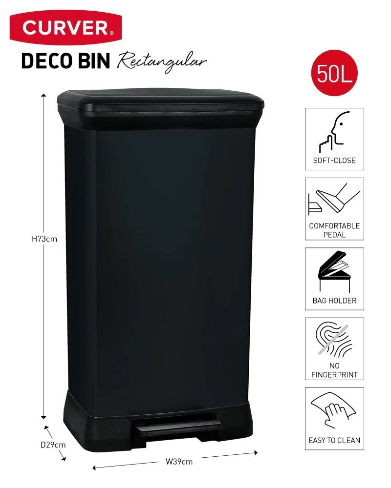 Curver Deco Pedal Bin - 50L - Black - Image 2