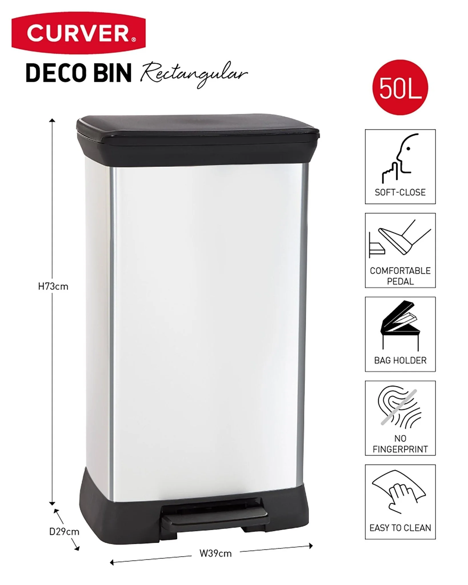 Curver Deco Pedal Bin - 50L - Steel Look - Image 2