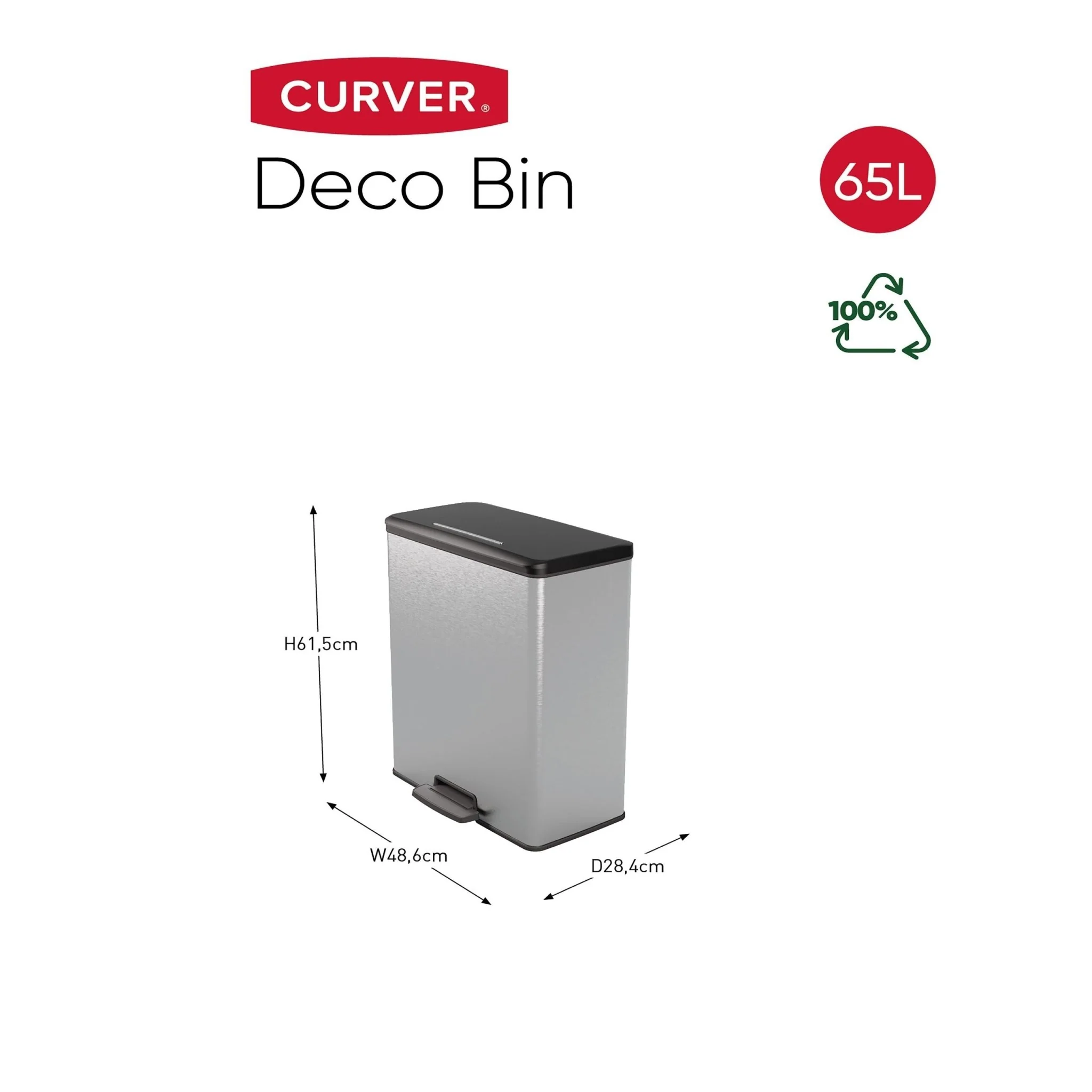 Curver Deco Pedal Bin - 65L - Steel Look - Image 2