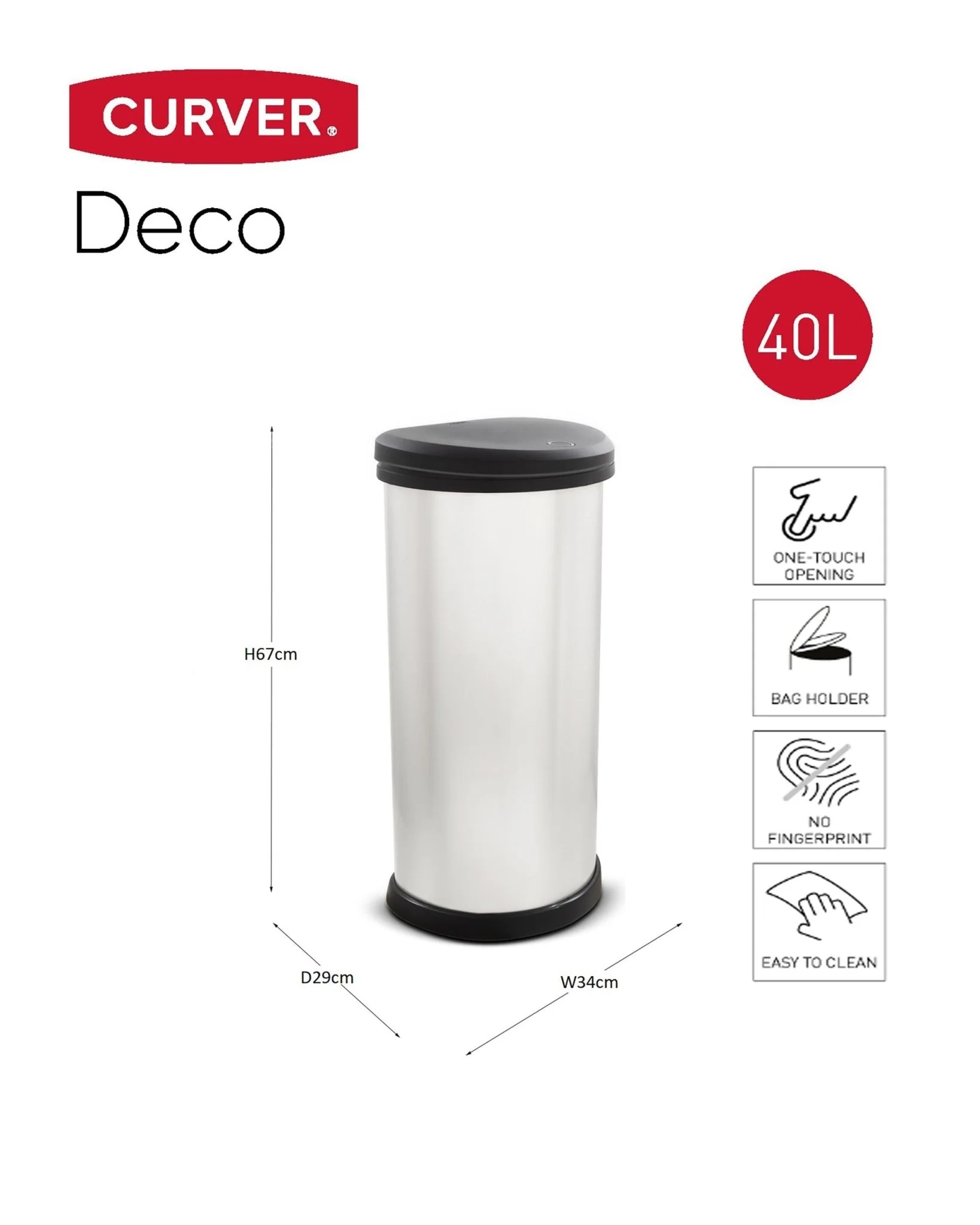 Curver Deco Touch Bin - 40L- Steel Look - Image 2