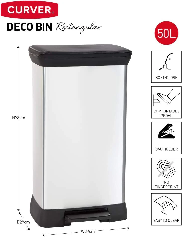 Curver Rectangular Pedal Bin – 50L – Steel Look - Image 2