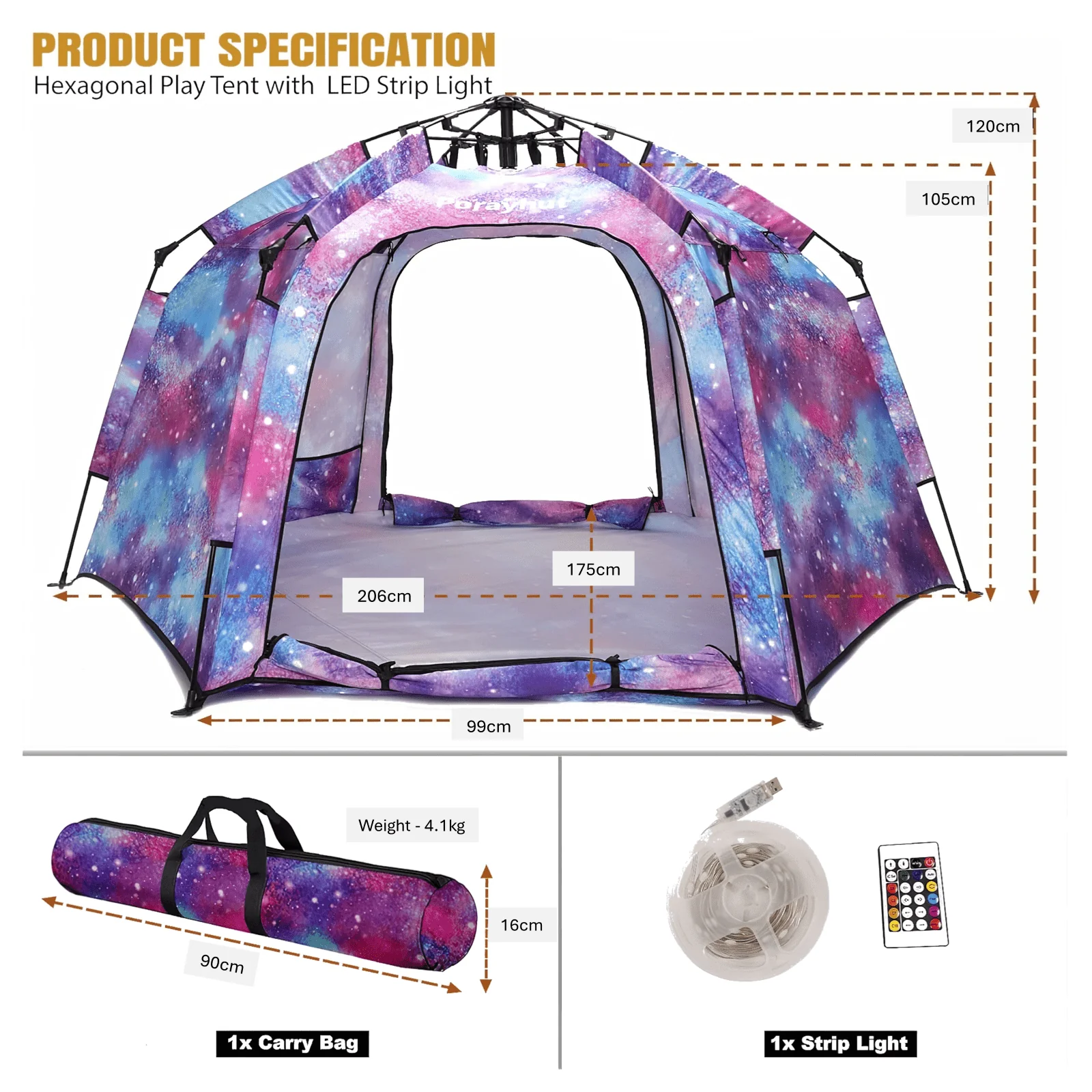 Pop up Play / Sensory Tent with Light Strip - Hex Large - Image 8